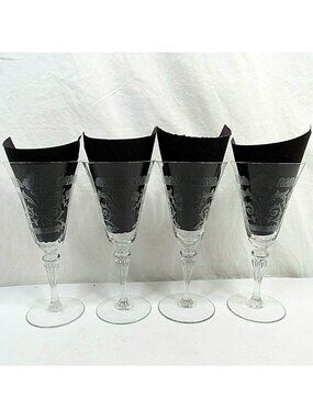 Vintage Etched Crystal Wine Glasses Set Floral Motif Stemware Clear Elegant Glas